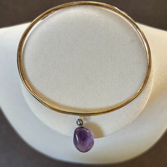 Gold tone Silver 925 Oval Vermeil Purple Amethyst Dangle Charm Bangle Bracelet - Picture 11 of 12